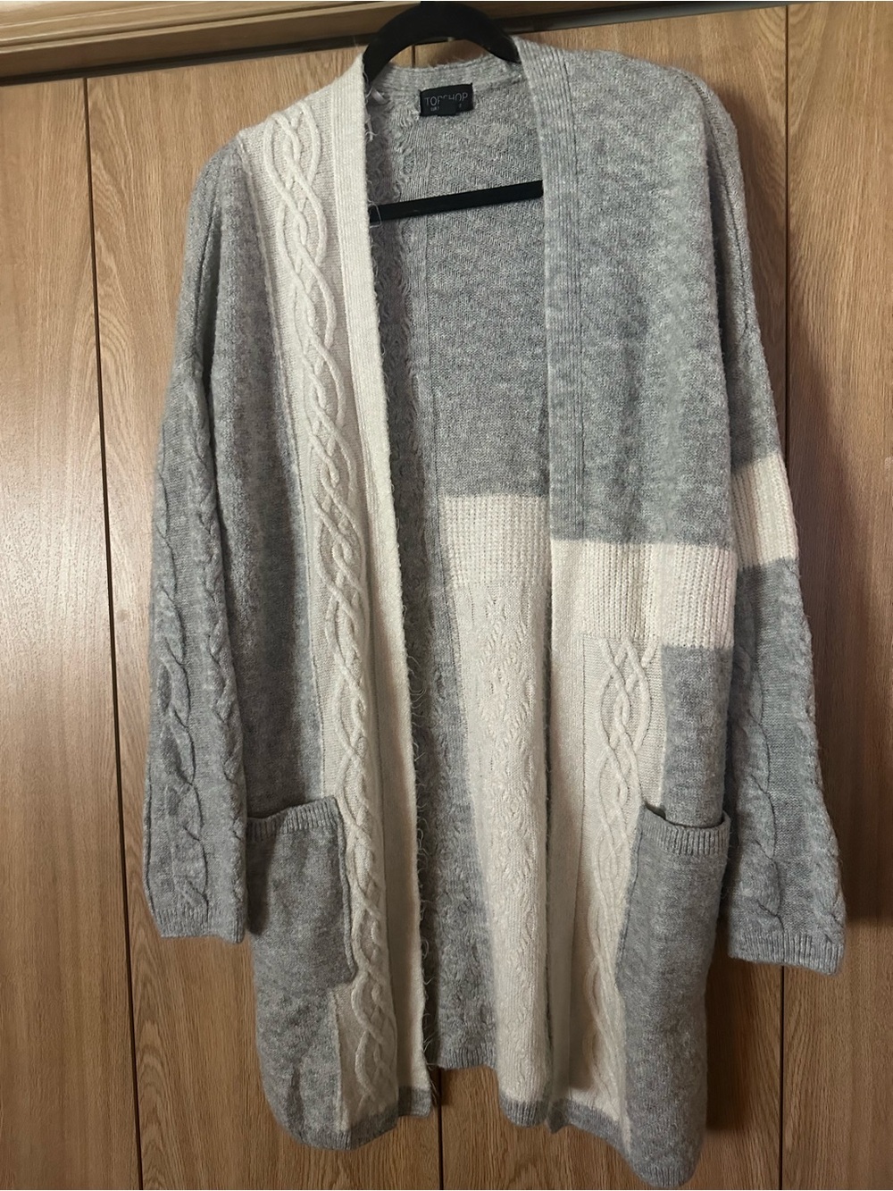 Topshop Gray and Cream Open Cable-Knit Cardigan